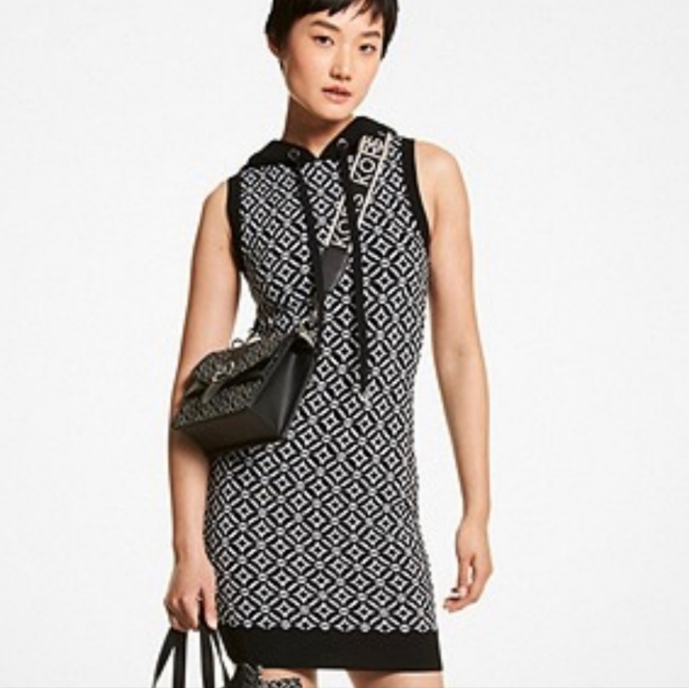 MICHAEL KORS JACQUARD dress hoodie hooded sporty size Small knit sexy stretch S